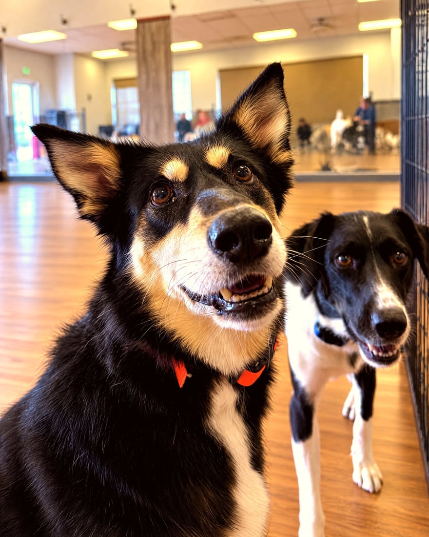 Two attentive dogs standing calmly on a wooden floor inside a bright indoor dog training facility.