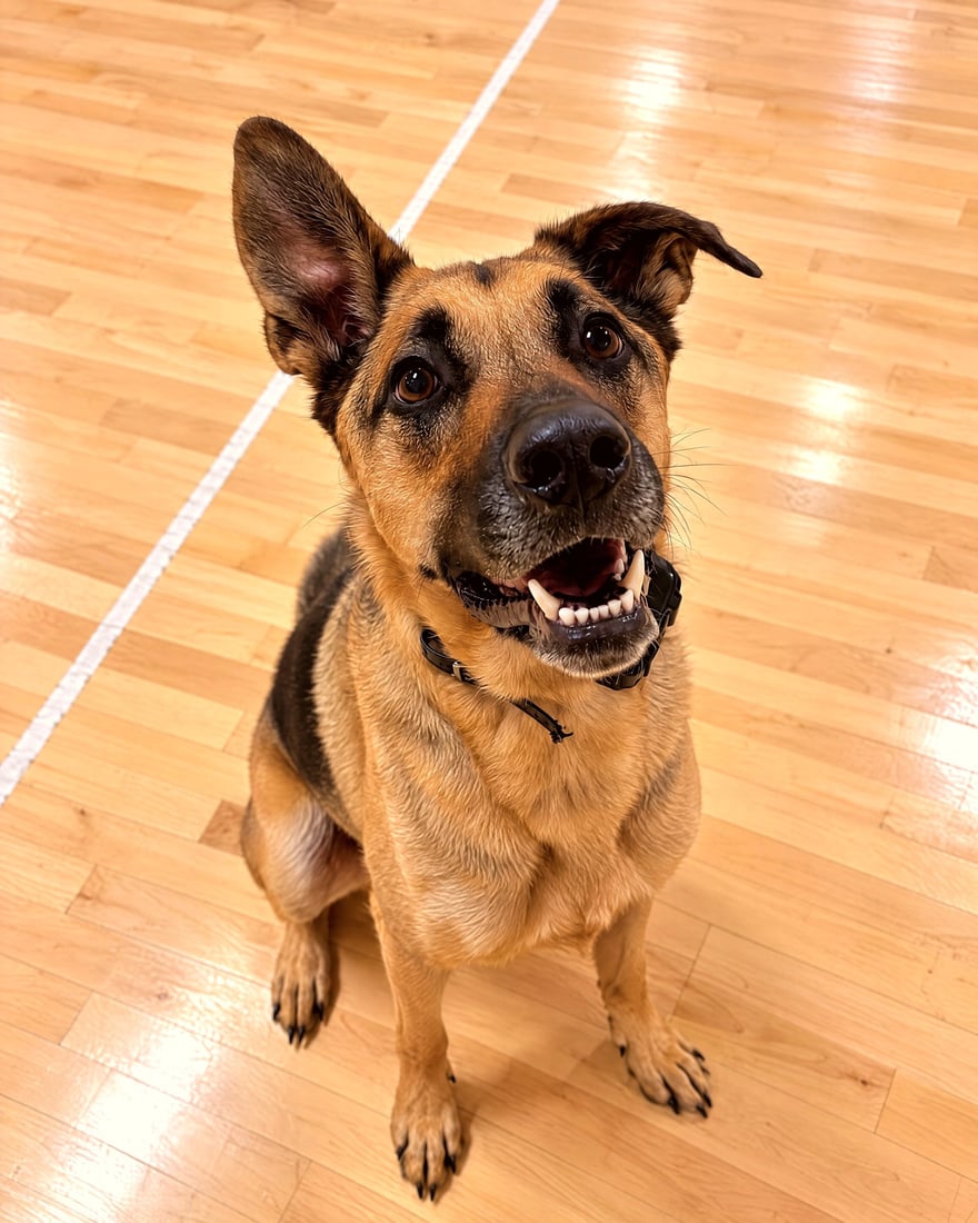 German Shepherd mix sitting attentively on an indoor wood training floor and looking up.