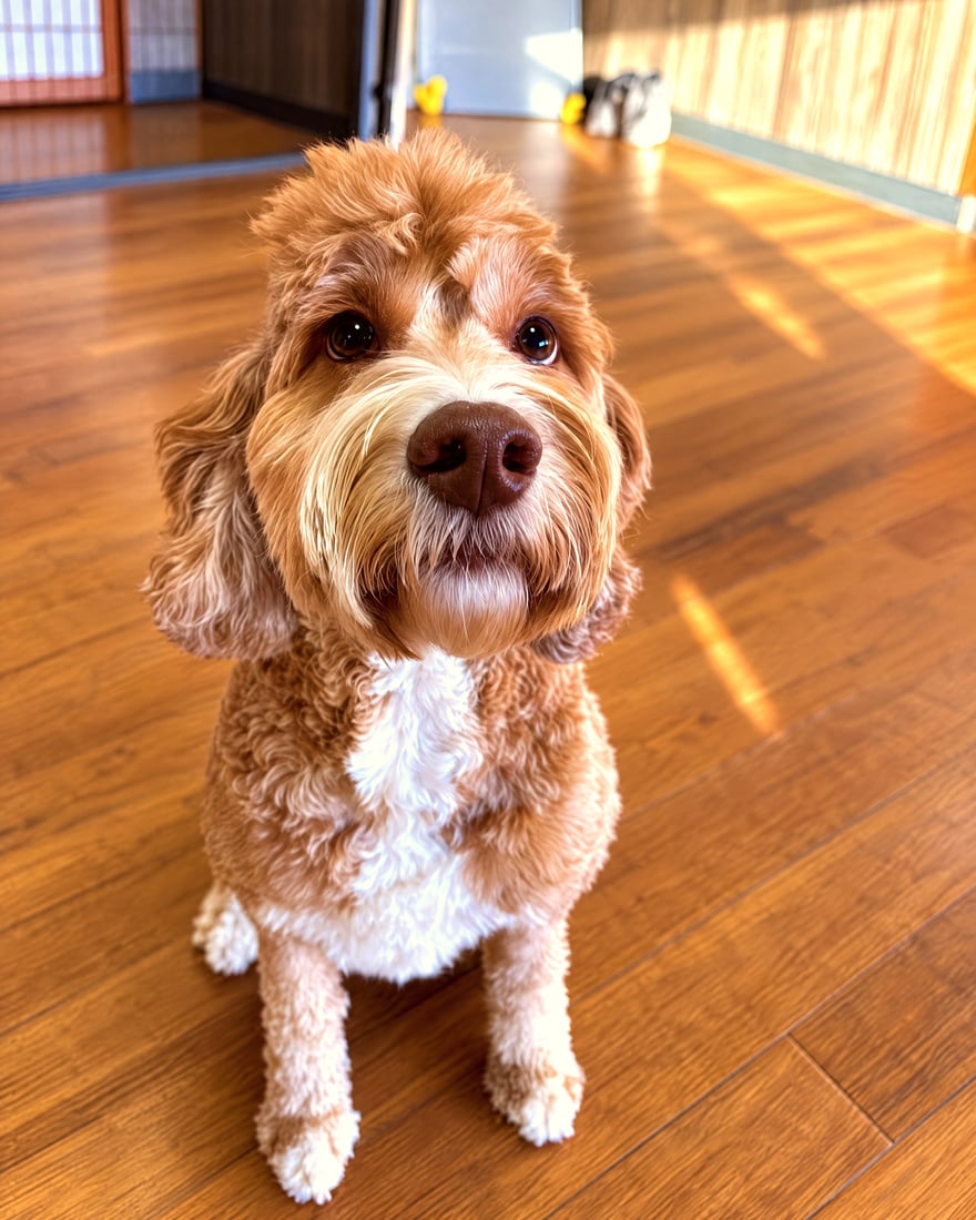A fluffy reddish-brown dog sitting calmly on a wood floor and looking attentively up toward a trainer.