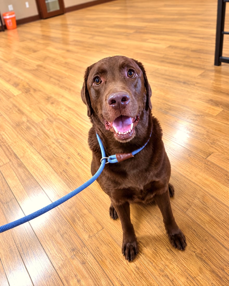 A chocolate Labrador retriever sitting calmly on a blue training slip leash in a training room.