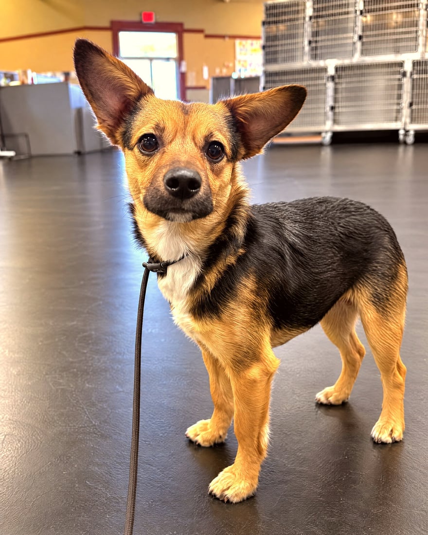 A small black and tan dog with oversized pointy ears standing on a black training floor while on a leash.
