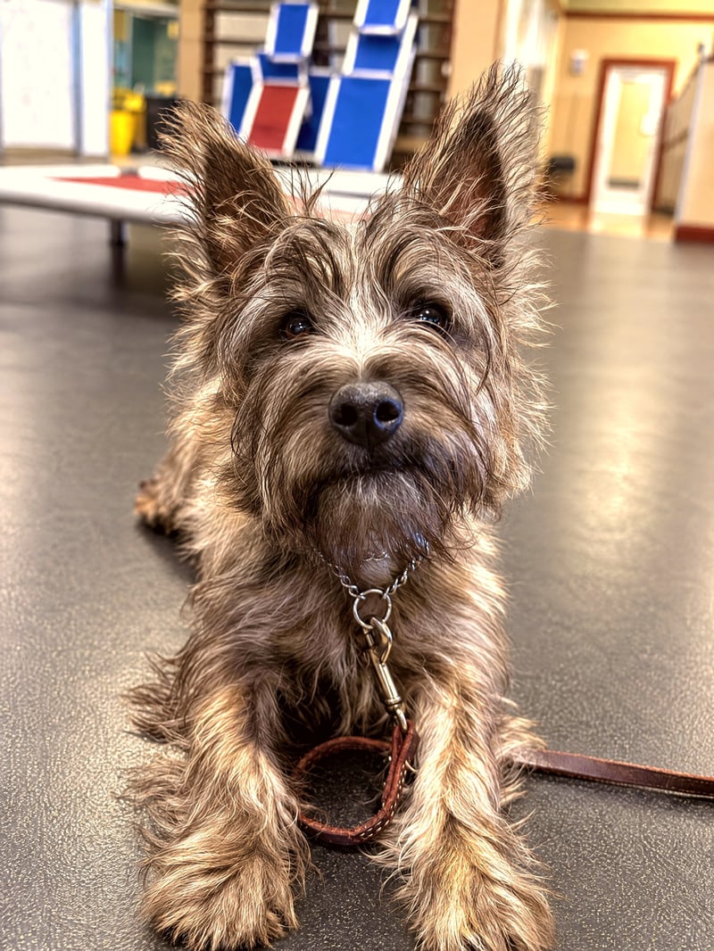 A wire-haired terrier lying down calmly on a training floor with a leash attached to its collar.