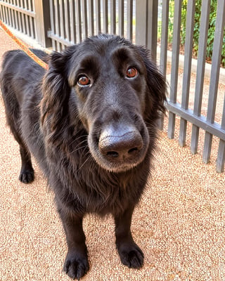 A black dog on an orange leash looks up toward the camera while standing by a metal fence outdoors.