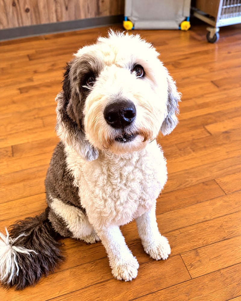 A fluffy gray and white doodle sitting indoors on a wood floor looking up towards the camera.