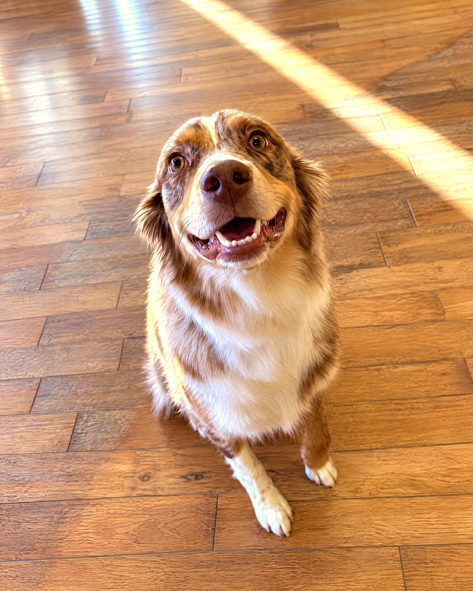 A red merle Australian Shepherd sitting attentively on an indoor wood-look floor and looking up happily.