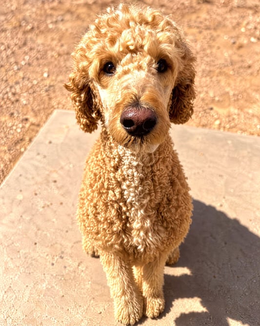 An apricot Goldendoodle sitting attentively on a concrete pad outdoors in sunny Arizona.