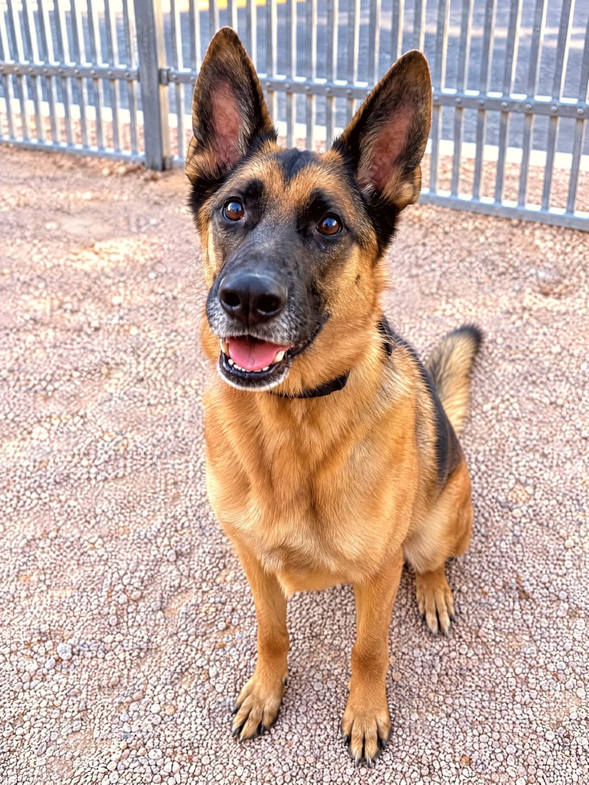 German Shepherd sitting attentively outdoors in a gravel training yard near metal gates.