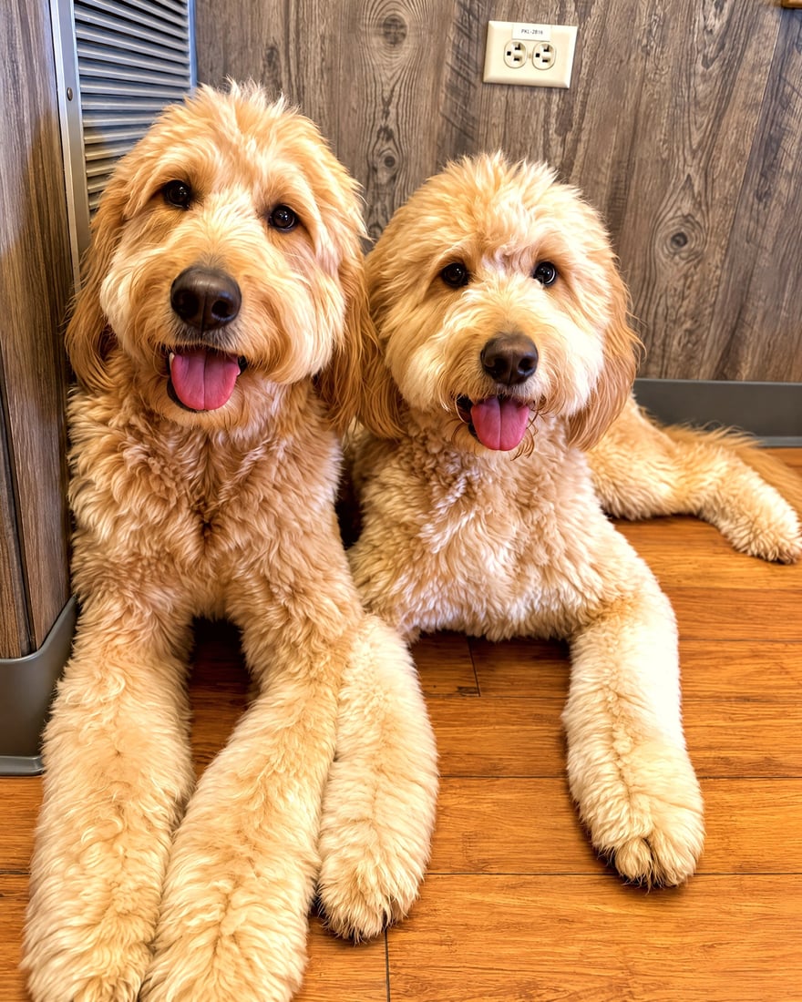 Two golden doodles lying side by side on a wood floor indoors with happy open mouths.