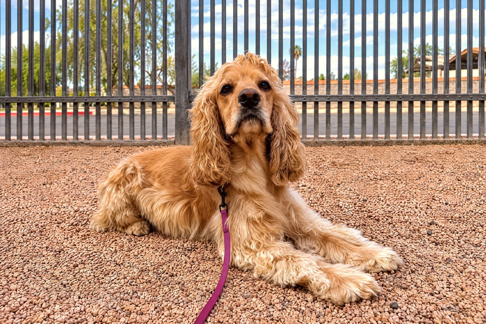 A golden cocker spaniel resting calmly on pea gravel in front of an outdoor fence on a leash.