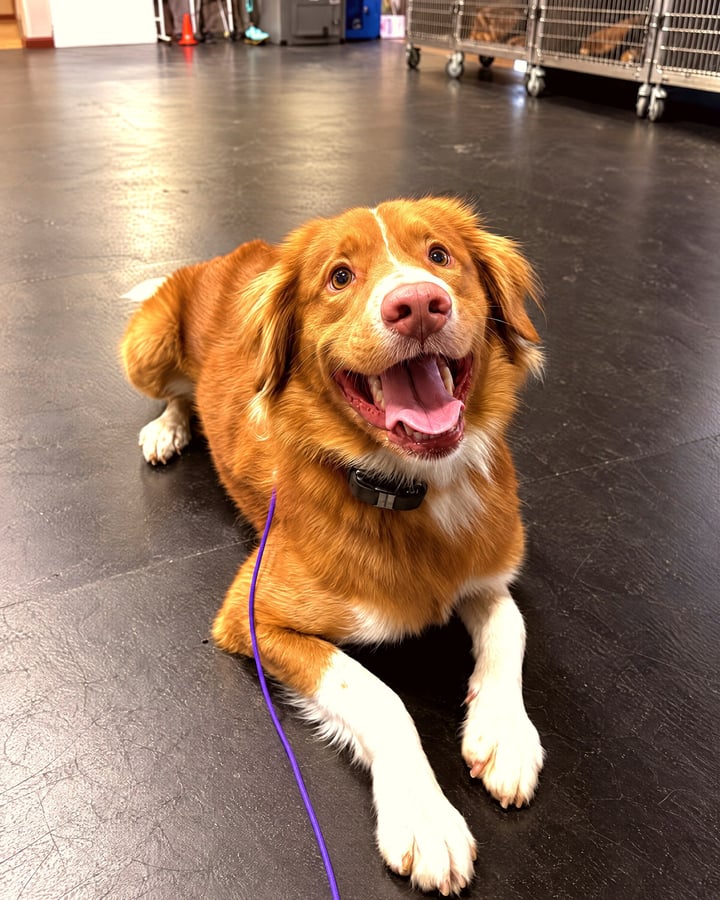 A smiling reddish-brown Nova Scotia Duck Tolling Retriever resting calmly on a training floor on leash.
