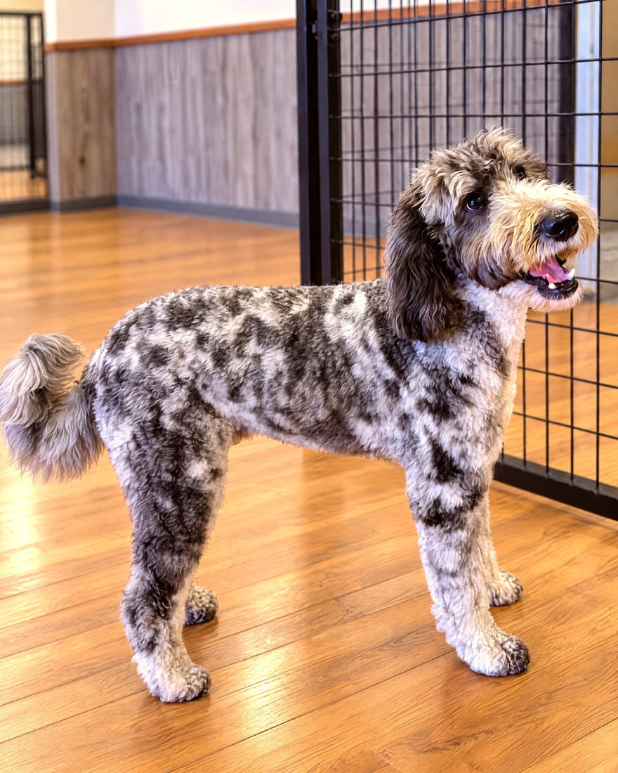 A spotted doodle standing calmly on wood floors inside the indoor training room at the Scottsdale campus.