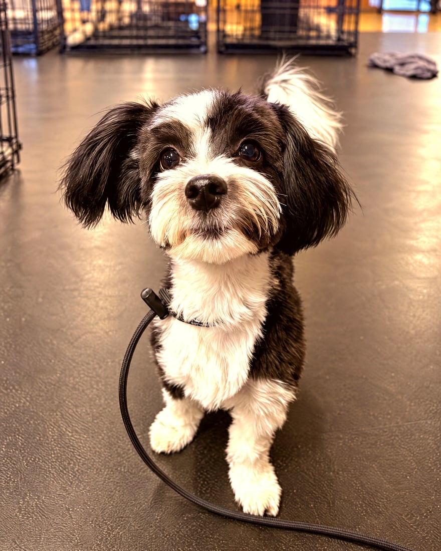 A small black and white dog sits attentively on a slip lead inside an indoor training facility.