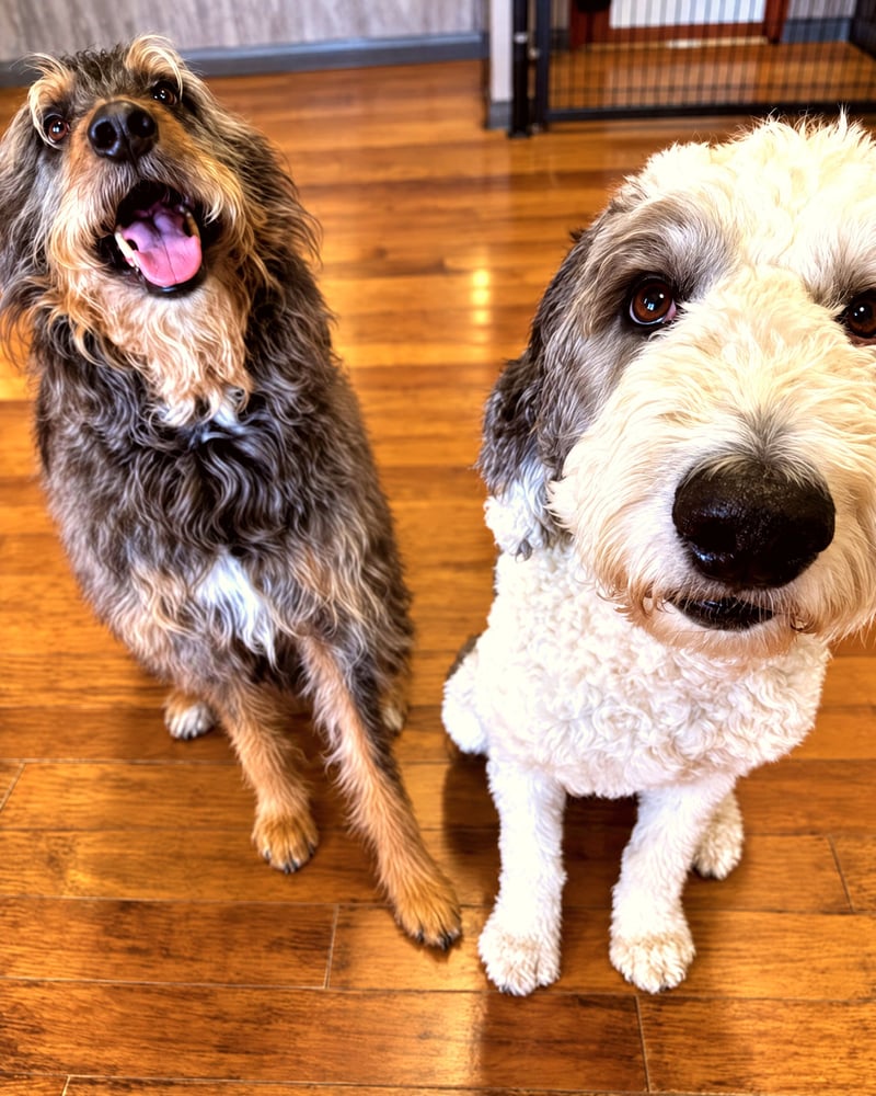 Two curly-coated doodle dogs sitting politely on a wood floor looking up attentively.