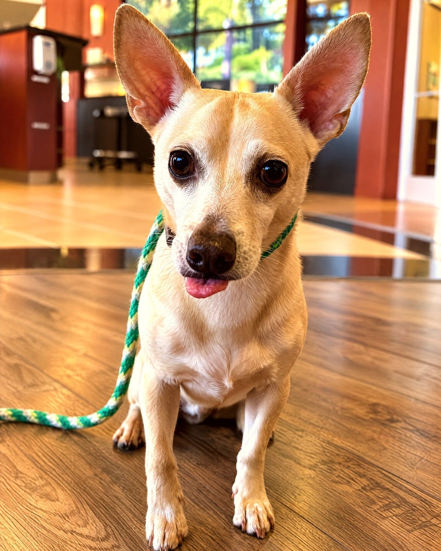 A small tan dog sitting on leash in the brightly lit campus lobby reception area.