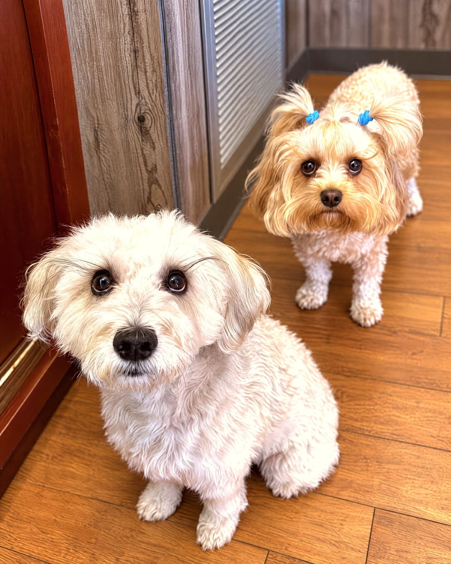 Two small fluffy companion dogs looking up calmly on a wood floor indoors.