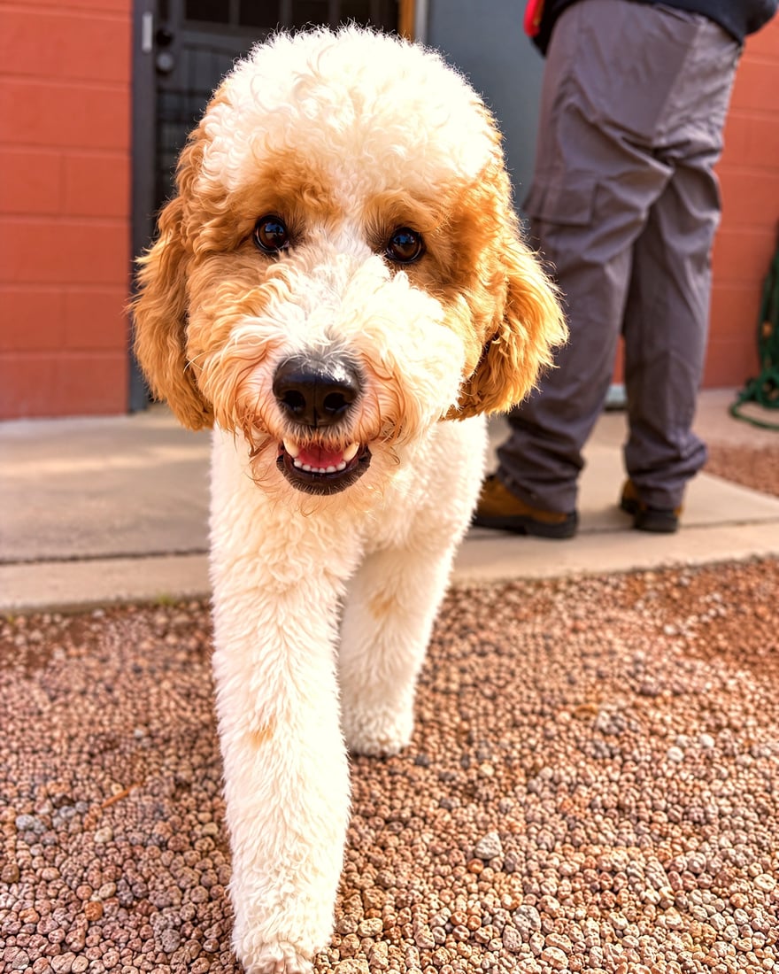 A fluffy cream and tan doodle walking forward happily on gravel outside a building.