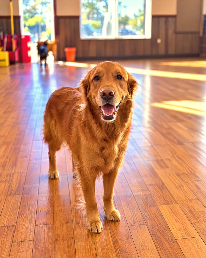 A golden retriever stands calmly and smiles on a wood floor inside an indoor training room.
