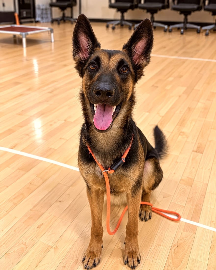 German Shepherd sitting calmly on leash.