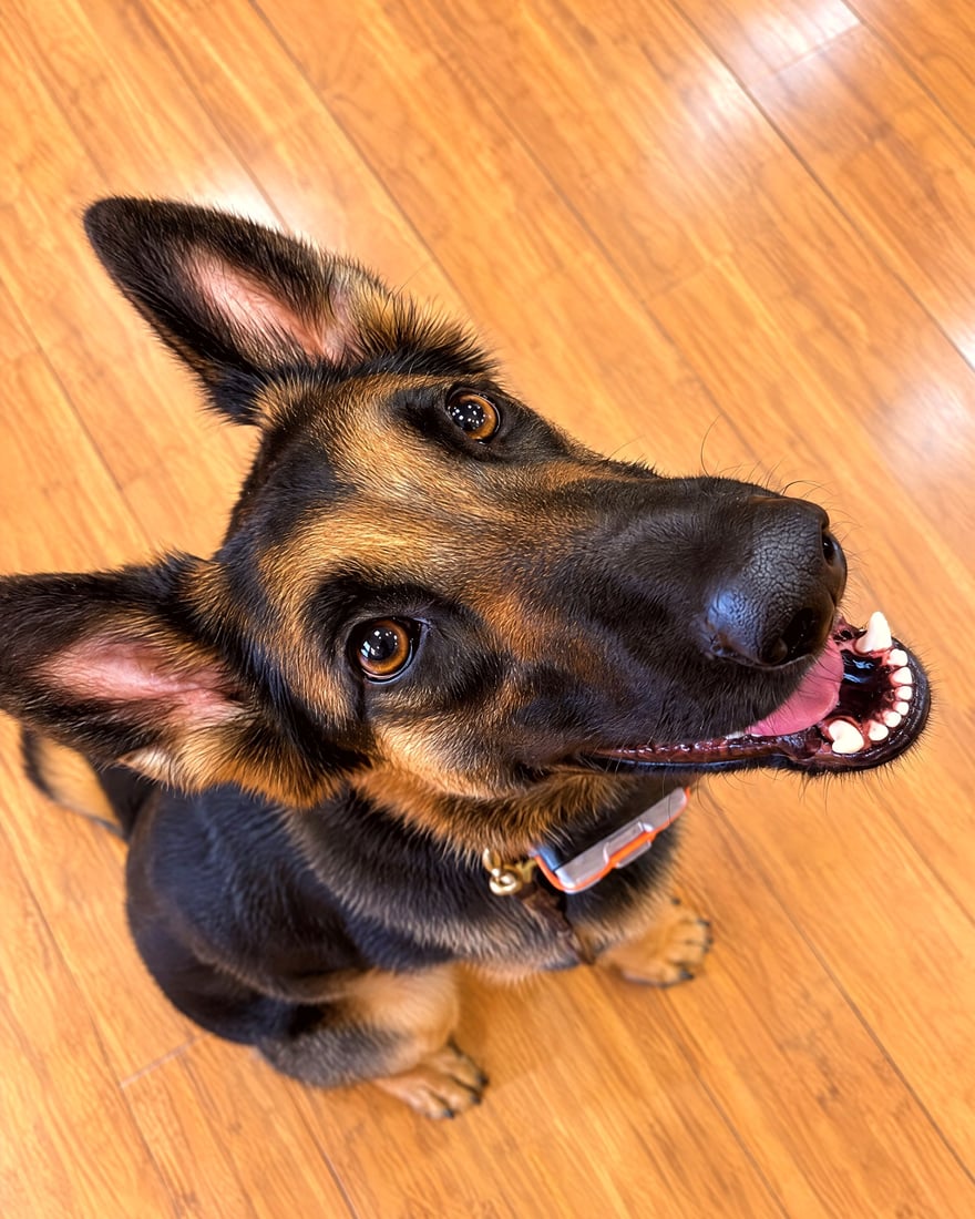 German Shepherd wearing an electronic training collar looking up attentively while sitting indoors.