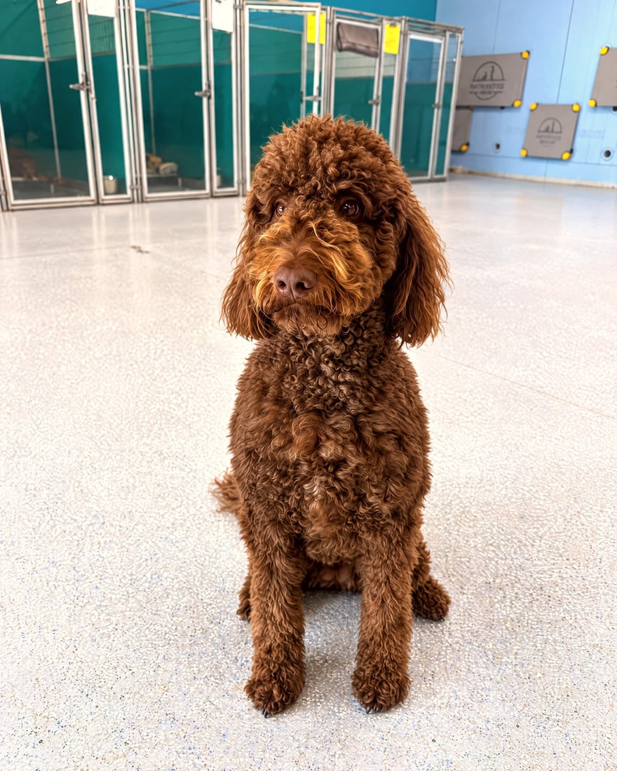 A brown curly doodle sitting attentively on the floor in front of indoor boarding suites.
