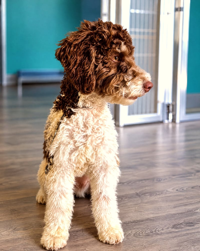 Brown and white curly-coated doodle sitting attentively indoors near boarding suite doors.