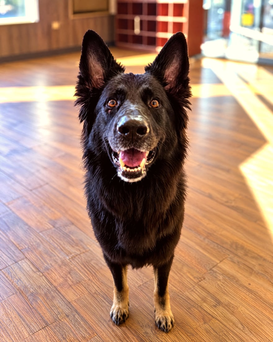 A black long-haired German Shepherd standing calmly and attentively on wood-laminate flooring inside a training facility lobby.