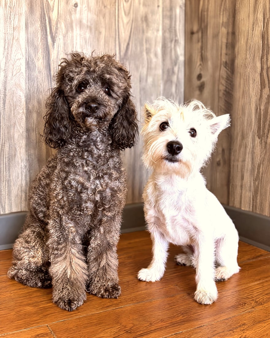 A dark curly poodle mix and a small white terrier sitting calmly side by side on a wooden floor indoors.