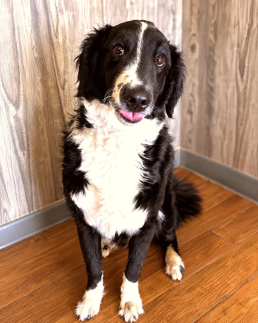 Black and white dog sitting calmly indoors with tongue tipped out, looking attentively upward.