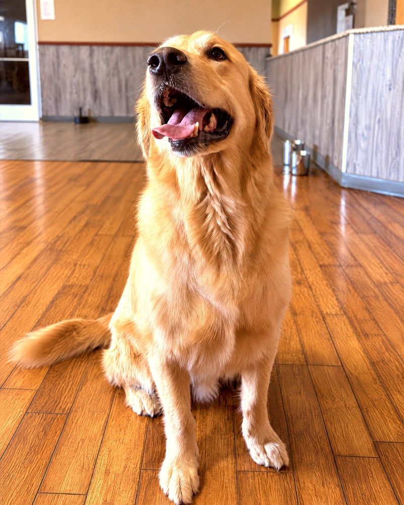 A golden retriever sitting on a wood floor indoors and looking up attentively.