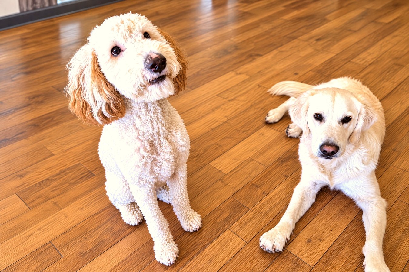 A golden doodle and a yellow lab wait calmly on a wood-style indoor floor.