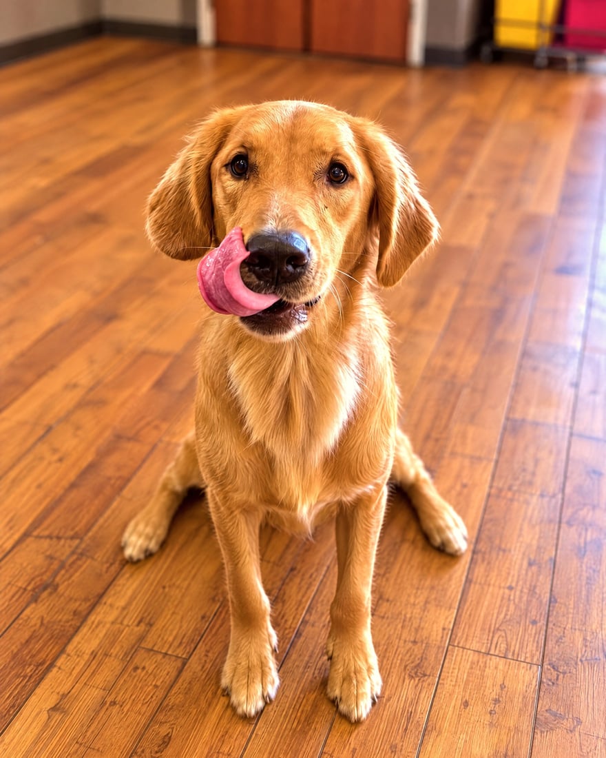 Golden retriever sitting indoors on a training floor.