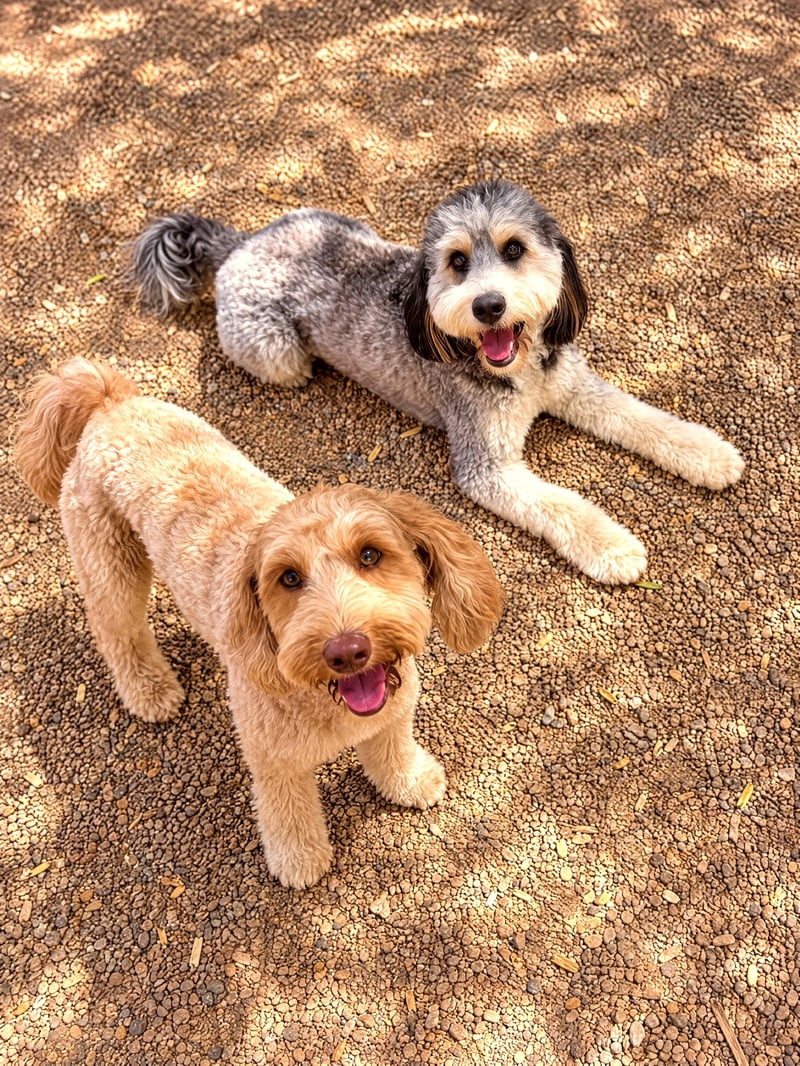 Two happy doodle dogs looking up while outdoors on a gravel ground.