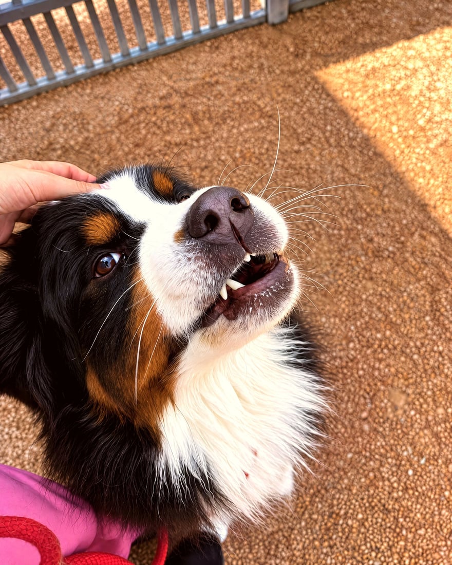 A Bernese Mountain Dog looks up happily as a handler gently strokes its head in the play yard.
