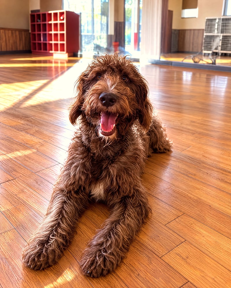 A curly-coated brown dog resting calmly off leash on a polished indoor floor inside a training room.