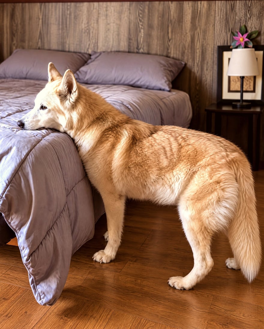 A light-colored dog rests its chin on a plush bed in a luxury wood-paneled boarding suite.