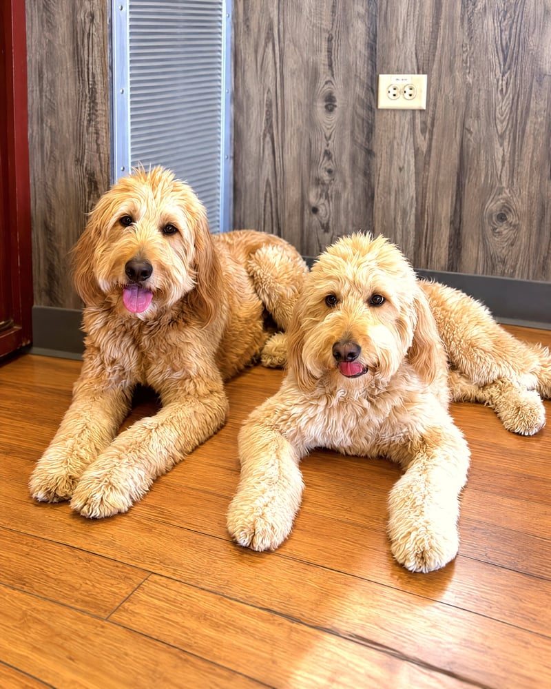 Two fluffy golden doodles resting side by side on a wooden floor indoors.