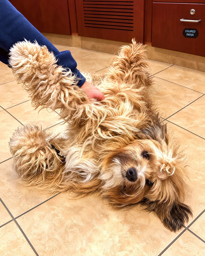 A fluffy golden doodle lying upside down on a tiled floor getting a belly rub from a person.