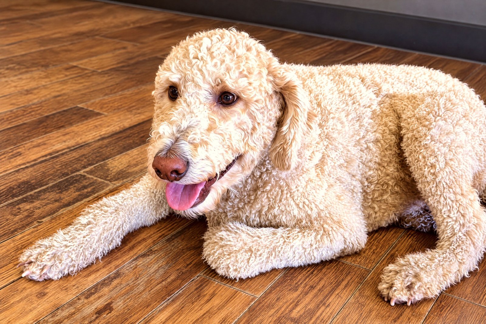 A golden doodle lying calm and relaxed indoors on wood-style flooring.