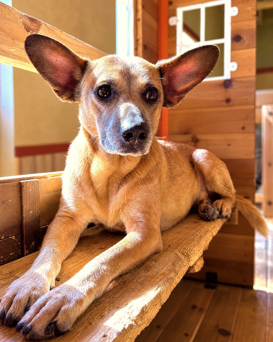 Tan dog resting peacefully on a wooden bench inside a boarding suite.