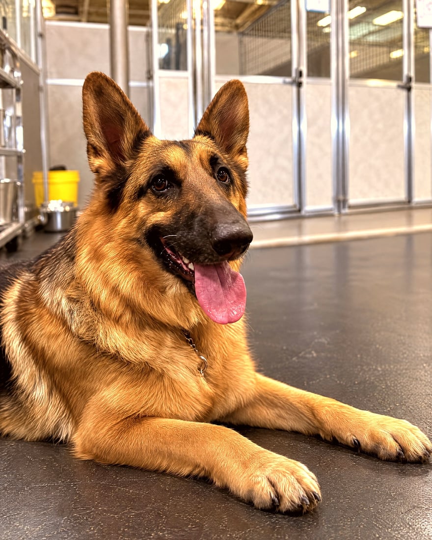 German Shepherd lying calmly on the indoor floor in front of glass-door boarding suites.