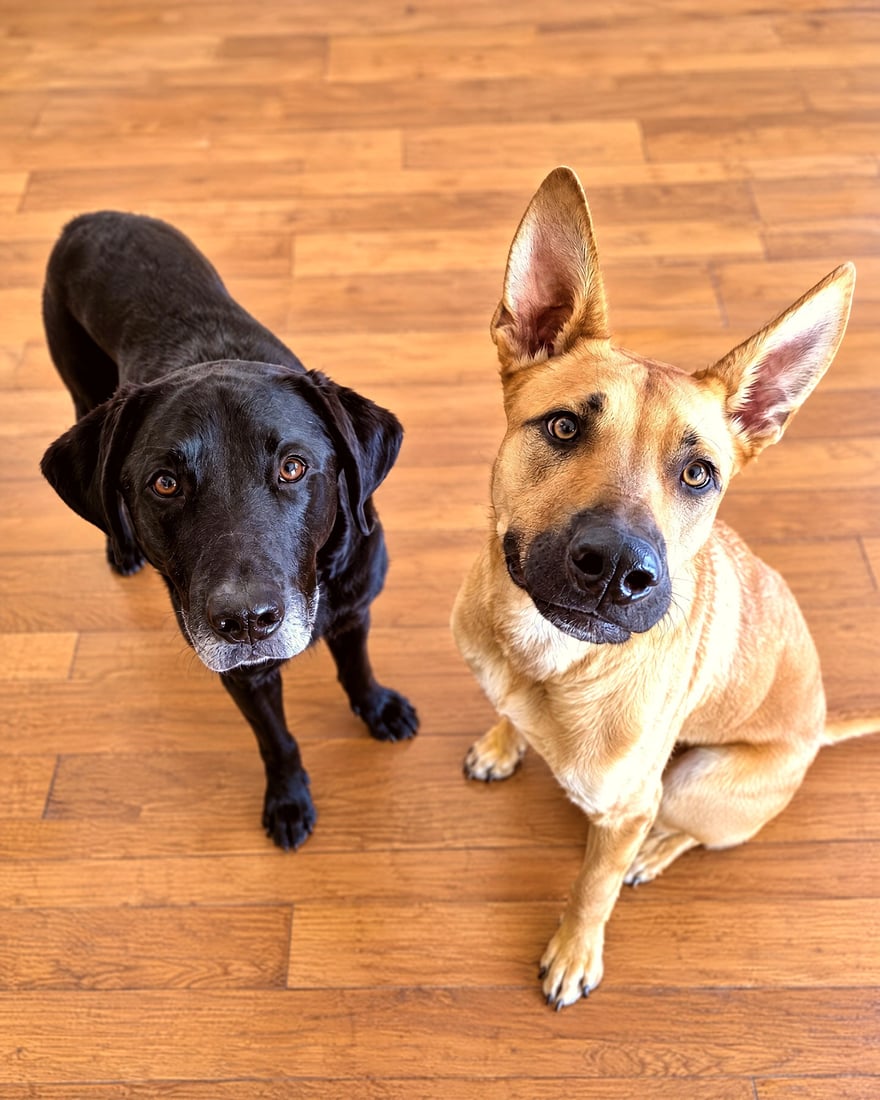 A black Labrador and a tan shepherd mix sitting calmly side by side on wood laminate flooring.