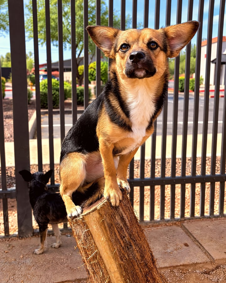 A small brown and black dog balances attentively on a tree stump in an outdoor training yard.