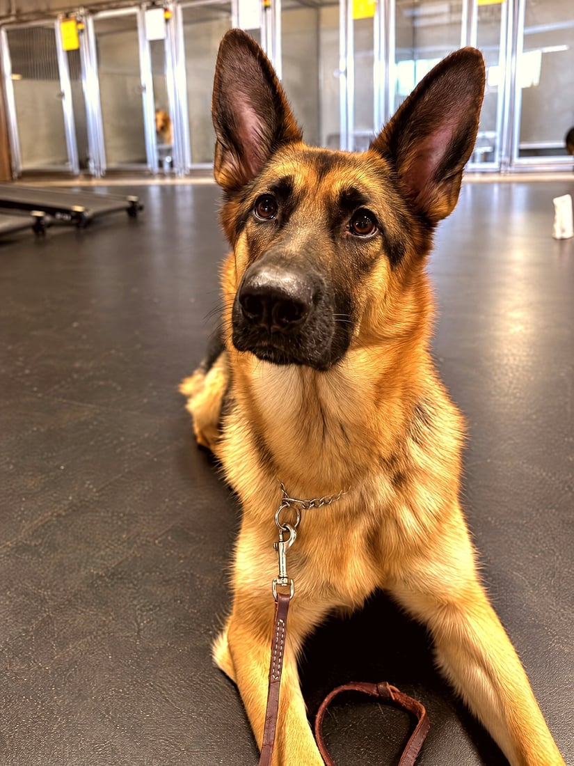 German Shepherd in a focused down-stay on leash inside an indoor dog training arena.