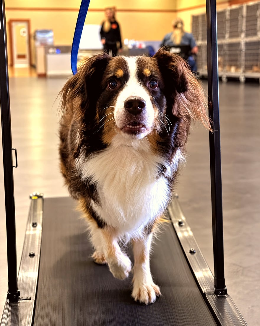 An Australian Shepherd walking steadily on an indoor specialized dog treadmill.
