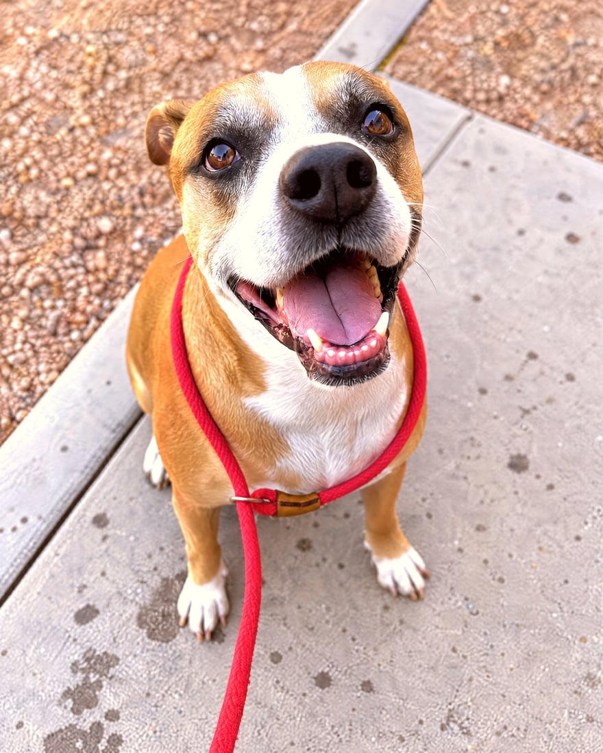 A smiling tan and white dog sits attentively on a red leash outdoors during training.