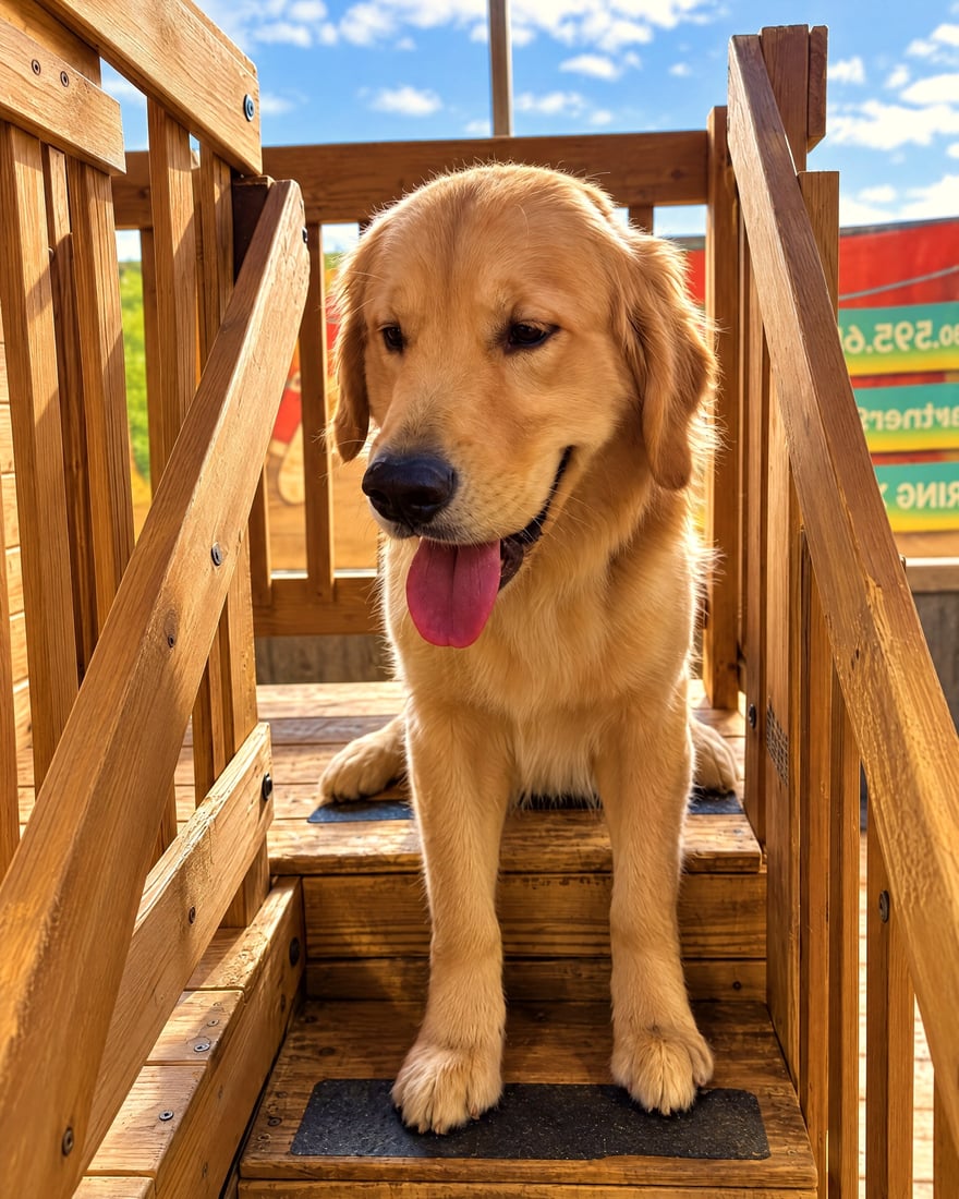 Golden retriever sitting on the wooden steps of an outdoor play structure on a sunny day.