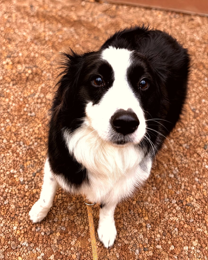 A black-and-white Border Collie sits attentively on a gravel training yard while looking up on a leash.