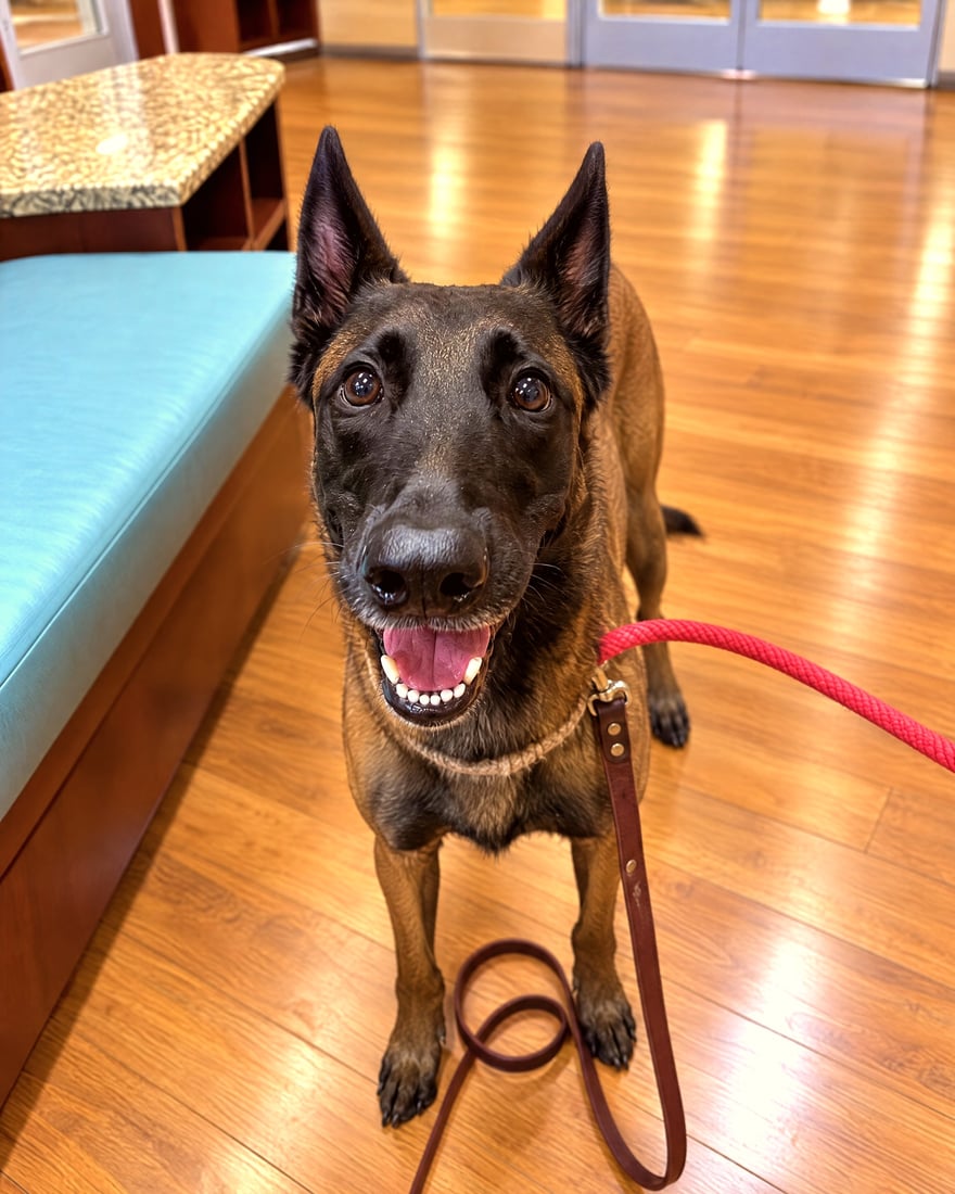 A focused Belgian Malinois stands calmly on leash in a bright indoor facility with wood flooring.