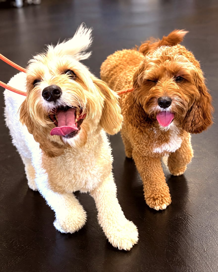 Two leashed doodles walking calmly side by side on an indoor training floor, prepared.