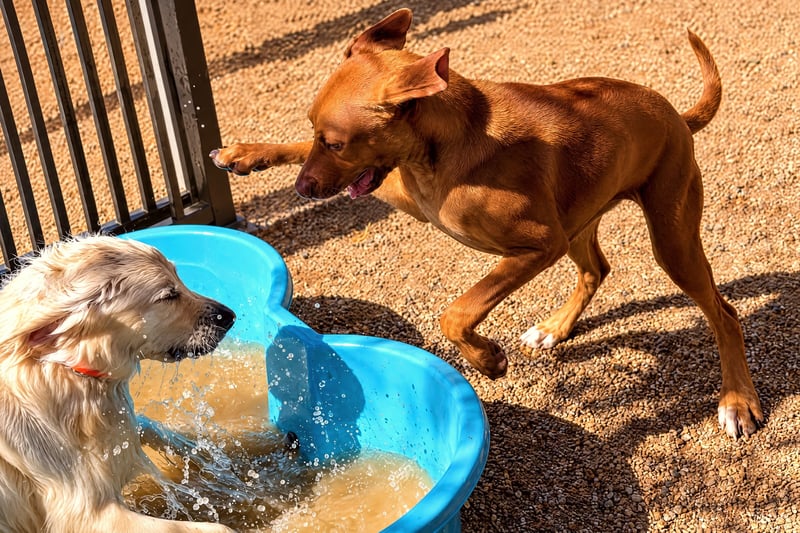 Two dogs cooling off and splashing in a blue bone-shaped water pool outdoors during summer.